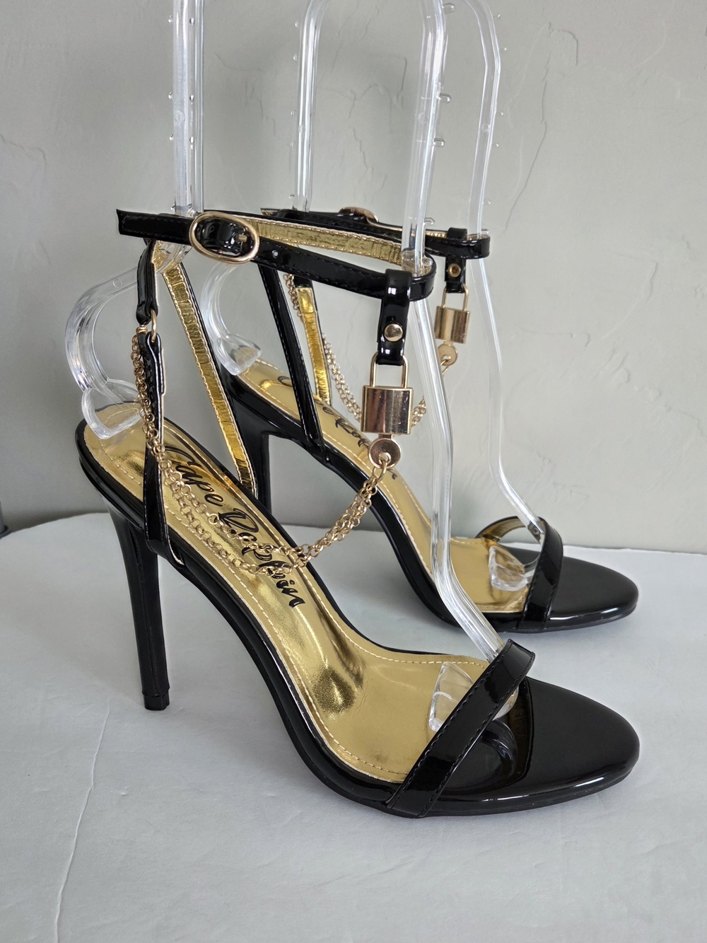 Black Patent Stiletto Sandals with Gold Chain Accent Women's Size 7